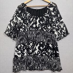 Notations Tiered Abstract Pattern Tunic Blouse‎ XL Plus Black White Flowy Boho